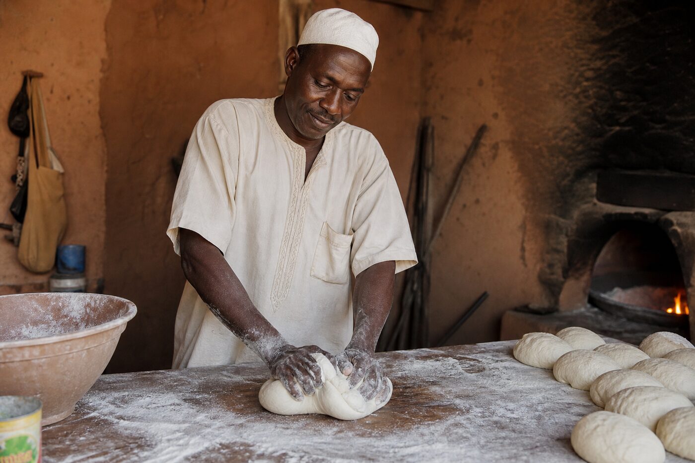 Pétrissage artisanal — farine et levure, four traditionnel